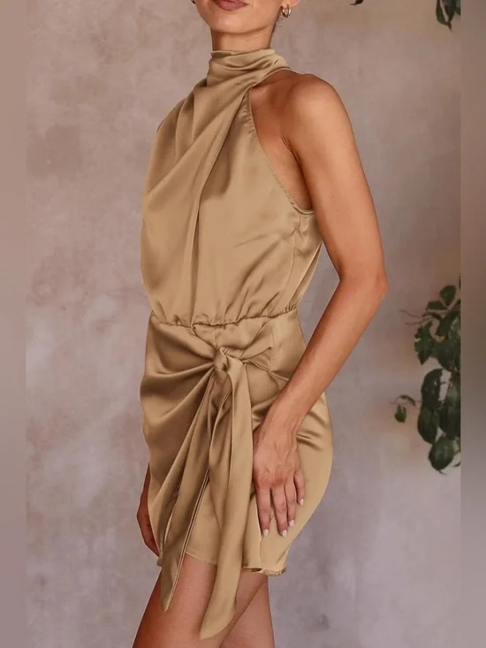 Pretty Garden NWT short formal satin dress sleeveless mock wrap size Med khaki - Picture 4 of 7